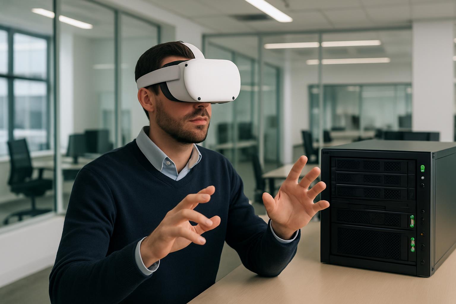 A man wearing a VR headset, standing in an office-like space with a server on a table beside him.