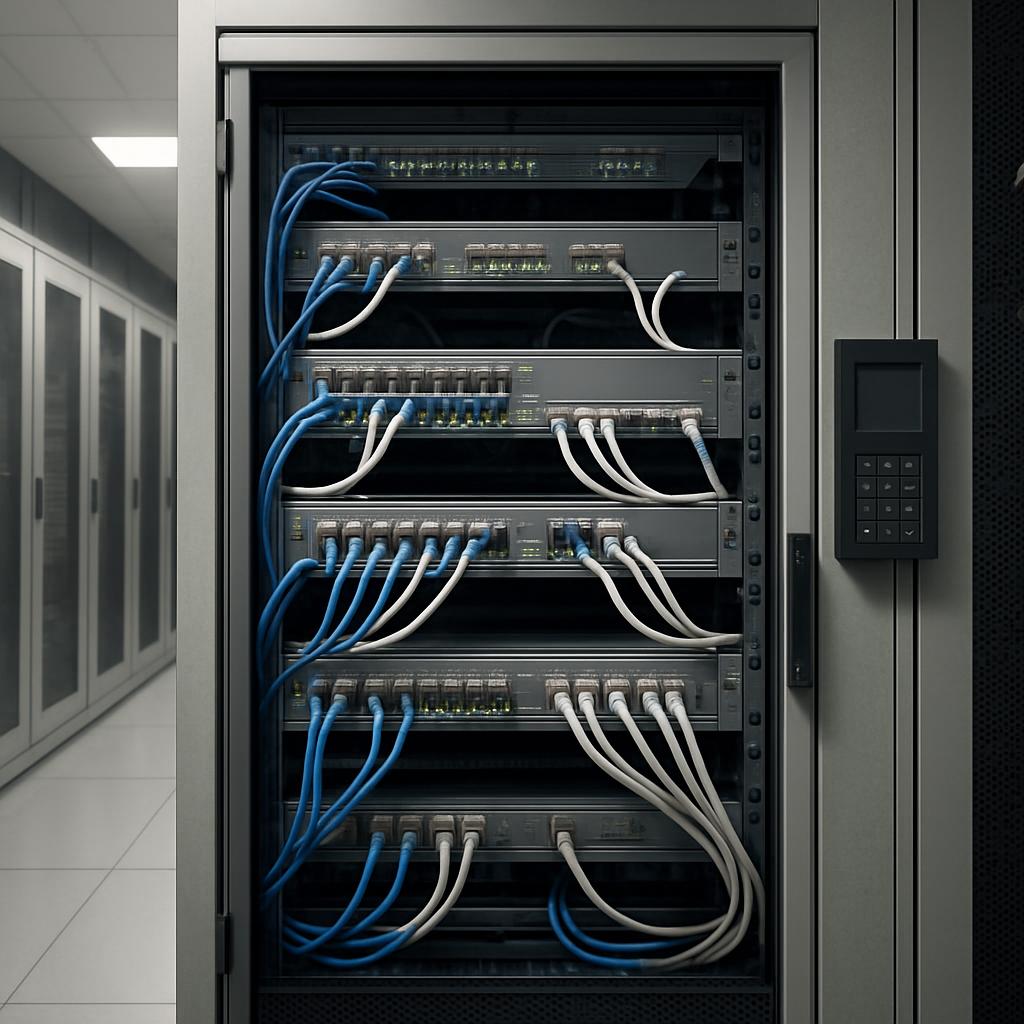 A large network closet with multiple network switches connected by cables.