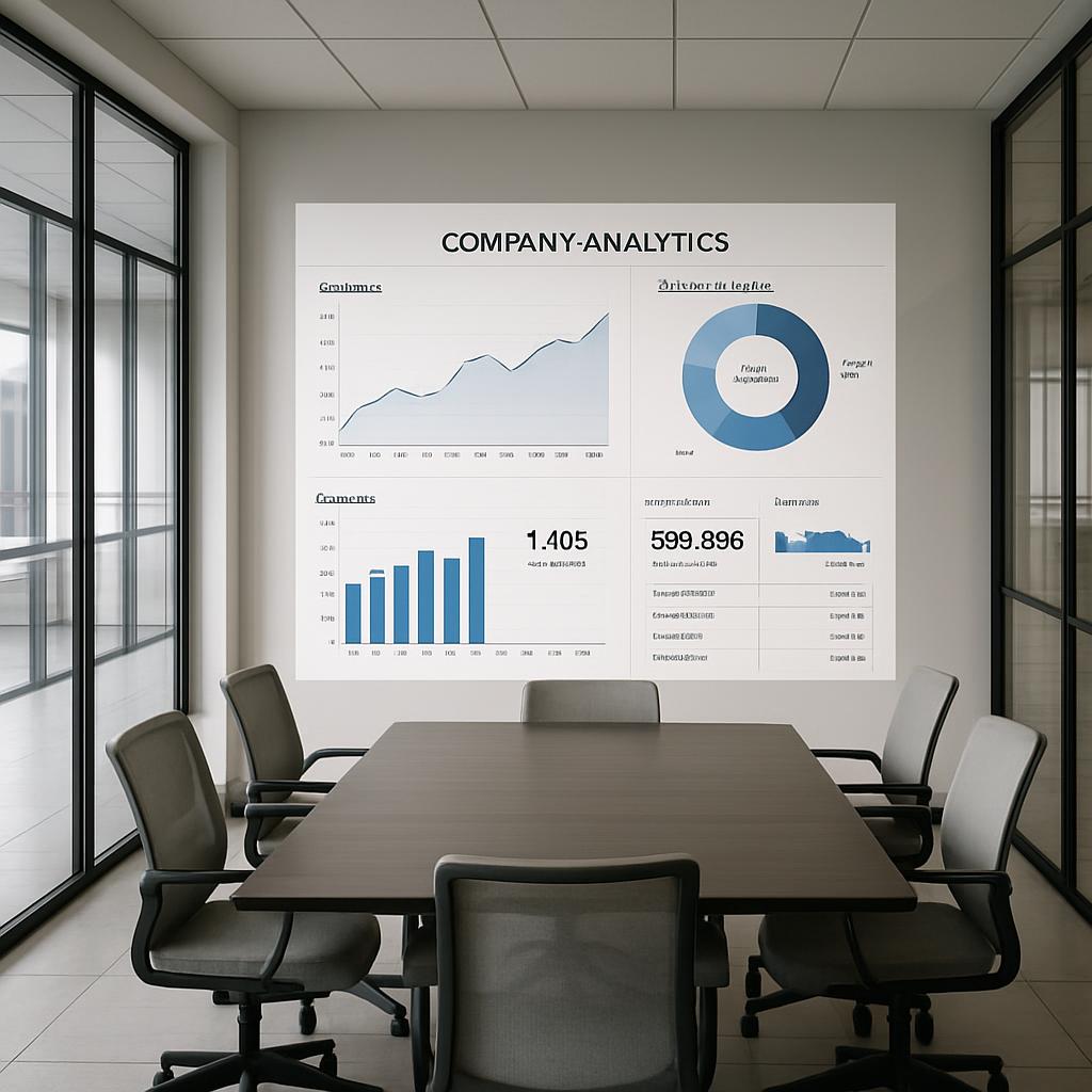 meeting room with company analytics on the wall.