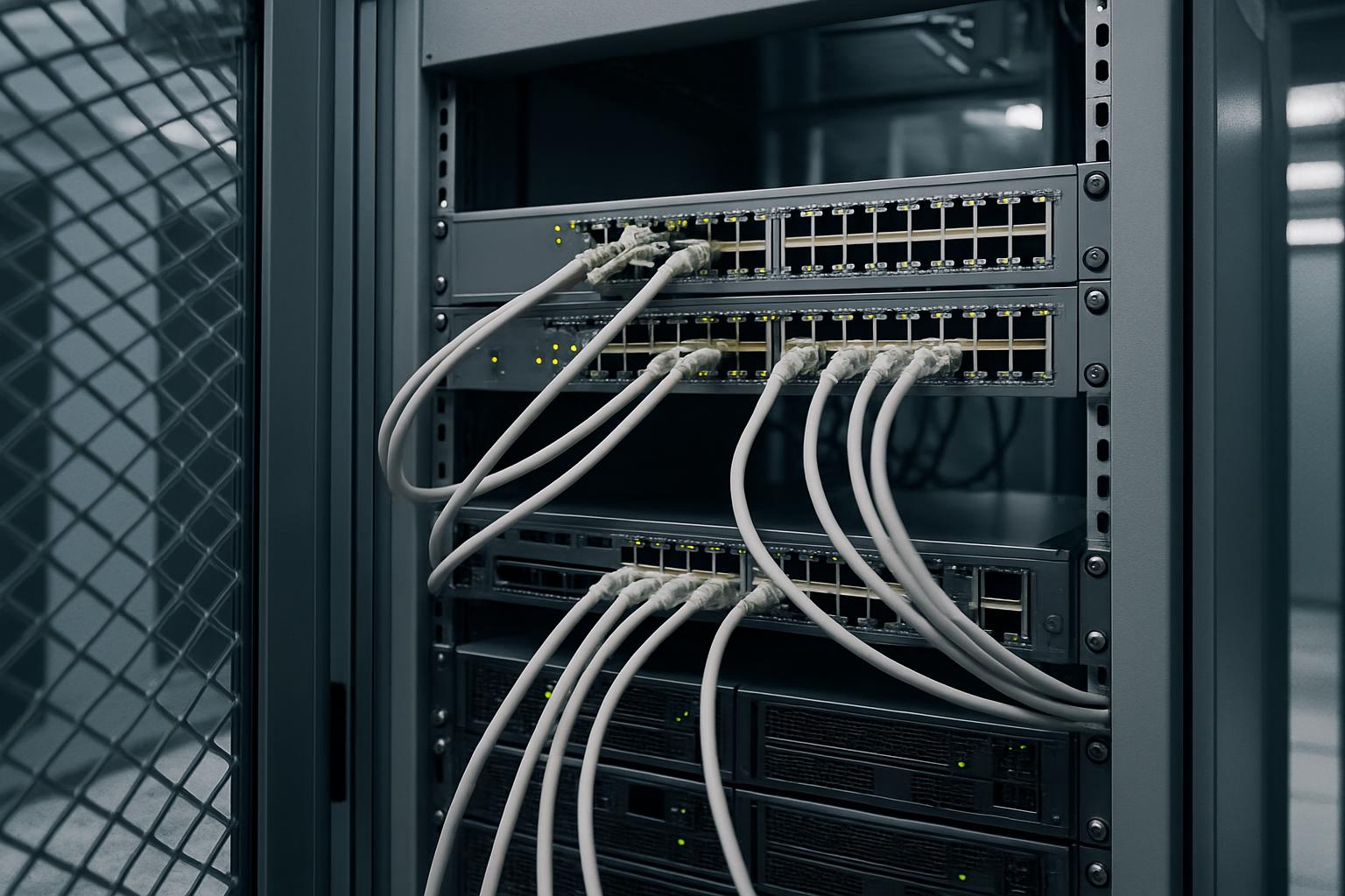 The image shows a large server rack with multiple network cables connected to various devices. The server rack is made of ...