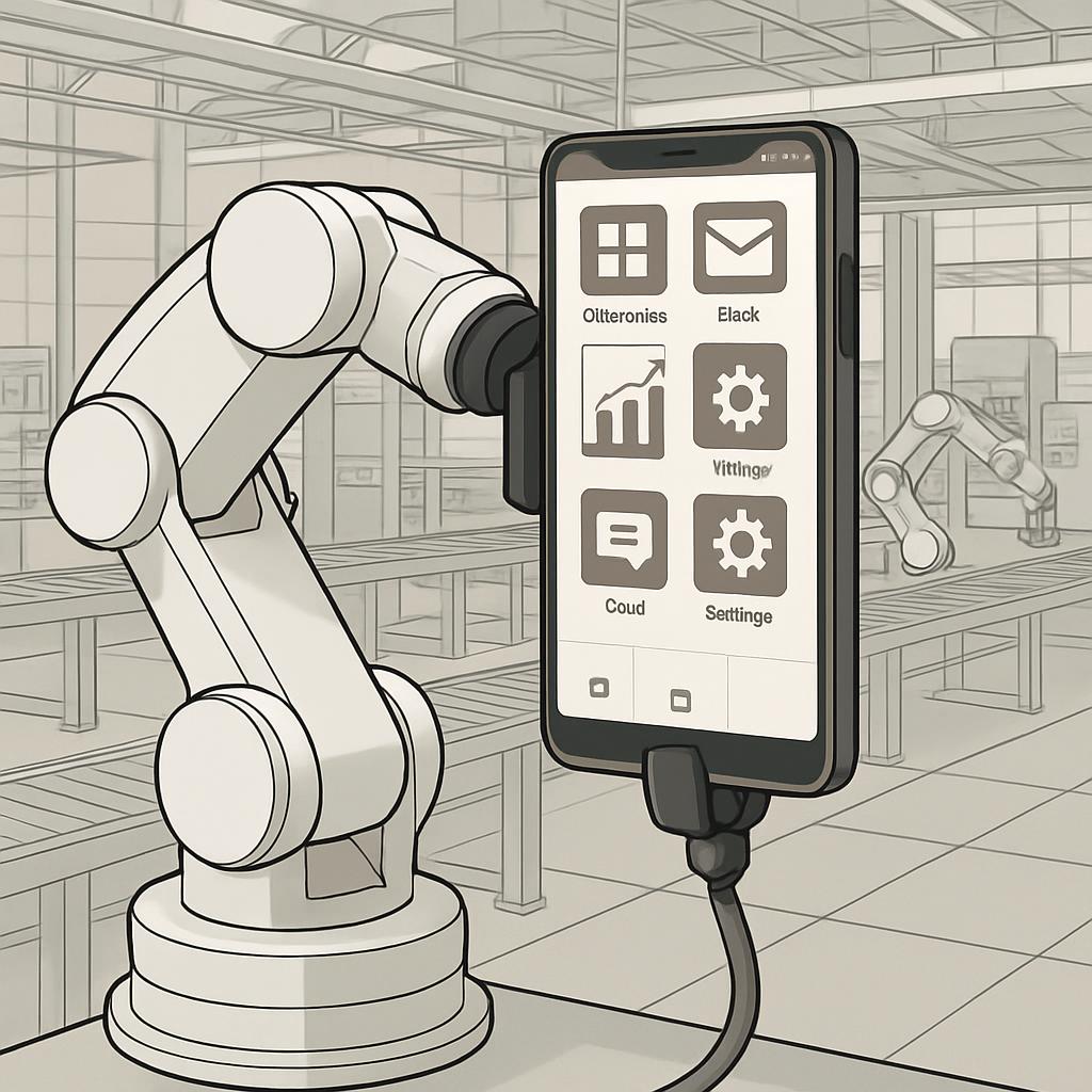 The image depicts a smartphone with a robotic arm and a factory setting in the background.