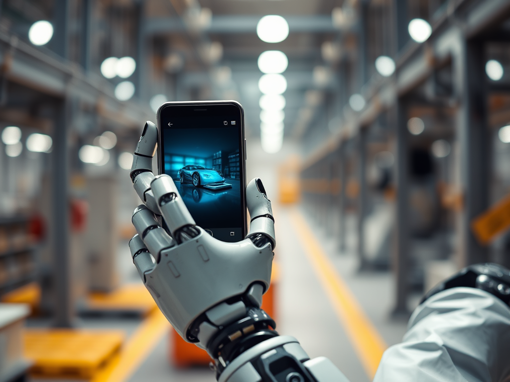 A robot's hand holding a smartphone showing a car in an industrial warehouse settings with bright white and yellow lights ...